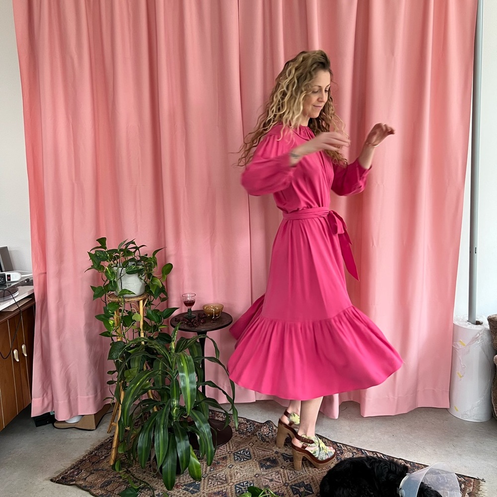 Doen pink silk midi dress, size XS